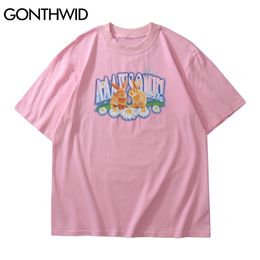 GONTHWID Tshirts Summer Men Hip Hop Streetwear Rabbit Daisy Print Short Sleeve T-Shirts Cotton Casual Harajuku Loose Tees Tops C0325