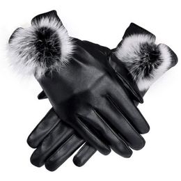 Fingerless Gloves 2021 Women Ladies Leather Autumn Winter Bow Warm Driving Plus Velvet Mittens Black Colour