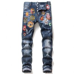 Ripped Jeans For Men Graphic Jeans Trend Brand Fashion Men Personality Elastic Casual Men Slim Badge Embroidered Motorcycle Pant X0621