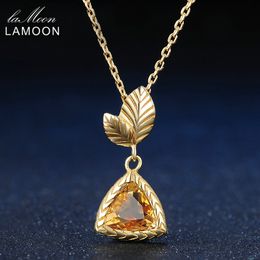 LAMOON925 Sterling Silver Necklace For Women Citrine Gemstone Necklace 14K Gold Plated Fine Jewellery Leaf S925 LMNI012 Q0531