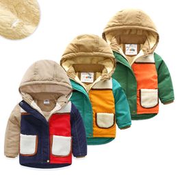 Winter Warm 3-10 Years Cotton Padded Candy Colour Patckwork Thickening Plus Velet Hooded Jacket Coat For Kids Baby Boys 210529