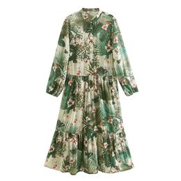 Vintage Chic Floral Print Long Dress Women Fashion Lapel Collar Chiffon Elegant Ladies Sleeve Midi es 210531