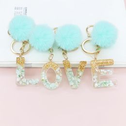 Fluffy Green Pompom Faux Rabbit Fur Ball Keychains Glitter Letters Key Rings Key Holder Trendy Jewellery Bag Accessories Gifts