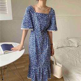 Summer Blue Florals Butterfly Sleeves Chiffon Mermaid Printed Femme Streetwear Casual Trumpets Long Dresses Vestidos 210525