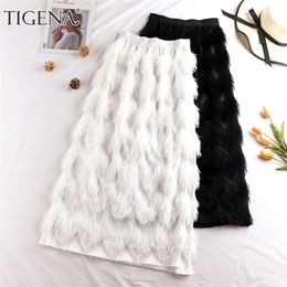 TIGENA Tassel Maxi Skirt Women Fashion Korean Casual Fringe High Waist Straight Long Skirt Female Ladies Black White 210310