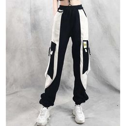 Spring Colour Block Pocket Cargo Pants High Waist Vintage Harem Women Black Streetwear Trousers 210531
