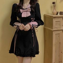 Casual Dresses QWEEK Gothic Kawaii Black Ruffle Bandage Grunge Dress Women Soft Girl Harajuku Fairy Princess Mini 2021 Autumn Goth Emo