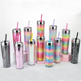 16oz skinny tumblers double-layer plastic straw cup summer party rainbow gradient glitter straight bottle for girls women By sea T2I52332