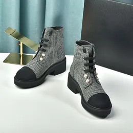 Fashion Designer Pearl Ankie Boots Knitted Stretch Black Plaid Elegant Women's Short Boot Design Casual Shoes