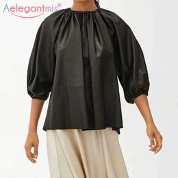 Aelegantmis Korean Faux Leather Shirt Women Three Quarter Casual Loose PU Blouse Female Retro Oversized Black Tops Chic 210607