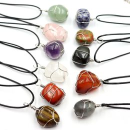 Irregular Round Natural Stone Pendant Necklace Amethyst Lapis Rose Quartz Crystal Wrap wire Necklaces Healing for Women Men