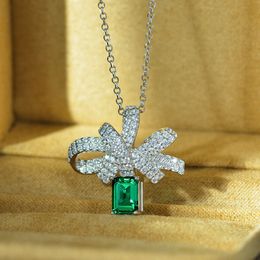 Bowknot Emerald Diamond Pendant Real 925 Sterling Silver Party Wedding Pendants Necklace For Women Luxury Chocker Jewellery