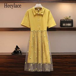 Plus Size Women Dress 2021 Summer Beach Midi Casual Solid Chiffon Loose Dress With Embroidered Mesh Office Button SunDresses 5XL Y1006