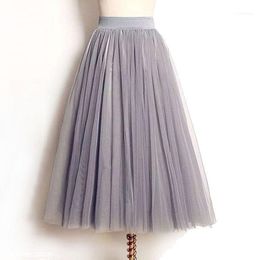 Skirts Wholesale- 4 Layers Tulle Women Summer Elastic High Waist Ladies Long Mesh Skirt Womens Tutu Maxi Pleated Midi Faldas Saias1