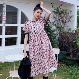 Women Dress Oil Painting Bubble Sleeve Round Neck Flower Loose Temperament Fashion Summer 2H702 210526