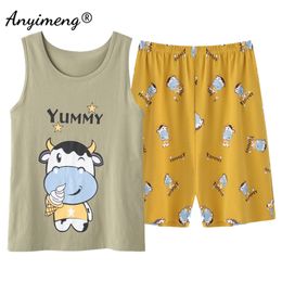 Summer Men's Fashion Plus Size Pyjamas Set Cotton Sleeveless Short Pant Homesuit Mens Casual Pyjamas Cartoon Print Sleepwear 210812