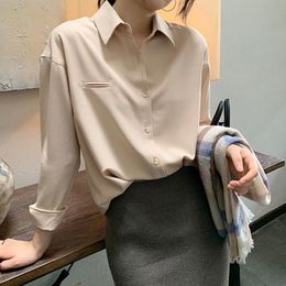 Women's Blouses & Shirts Spring Fall Chiffon Solid Colour Pocket Design Work Wear Single Breasted Clothes Women Elegant Korean Laple Lace