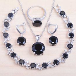 Russian Style Bracelet For Women Jewelry Sets Silver Color Wedding Necklace Earrings Set Classic Black Crystal Costume QS0218 H1022