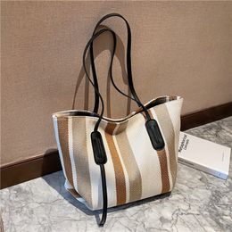 3pcs Stuff Sacks Women Canvas Large Capactiy Vertical Striped Cross Hasp Totes Mix Colour