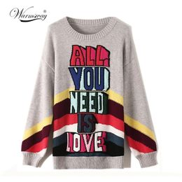 Brand Designer Fall Winter Sweater Thick Warm Pullovers Fashion Rainbow Letter Jacquard Knitwear Women O Neck Tops C-043 210805