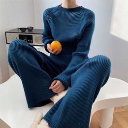 Two Piece Set Pullover Sweater Knit Tracksuit Women High Waist Wide Leg Straight Pants Suit Harajuku Spring Autumn Clothes 211105