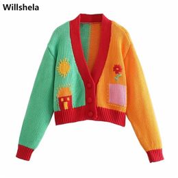 Women Fashion Cartoon Knitted Cardigan Long Sleeve V-Neck Vintage Color contrast Sweet Kawaii Woman Knit Sweater Chic Tops 210918