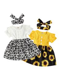 Citgeett 1-5Years Summer Infant Baby Girls Dress Sunflowers Leopard Print Patchwork Short Sleeve Knee Length A-Line Dress Q0716