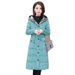 Bright Face Cotton Coat Women Winter Korean Fashion Slim Cyan Plus Size Long High Quality Hooded Parkas Feminina LR1013 210531