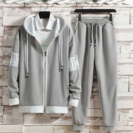 2 Pieces Sets Printed Tracksuit Men Hooded Sweatshirt+Joggers Pants Zipper Hoodie Sportwear Suit Casual Men Clothes Streetwear Y0831