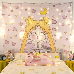 Cartoon Sailor Moon Printed Anime Tapestry Girl Dorm Room Decor Wall Hanging Tapiz Pink Tapestries 210608