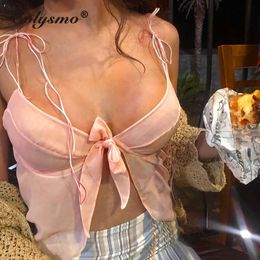 Colysmo Pink Satin Cami Bow Lace up Slim Fit Solid Color Crop Tank Top Women Casual Streetwear Summer Sexy Party Club Corset 210527