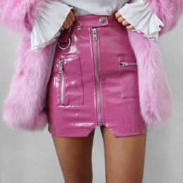 Women Faux Leather High Waist Pencil Skirts Pink Button Front Zipper Fashion Sexy Party Mini Skirts Elegant Streetwear Skirts 210309