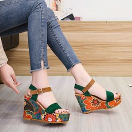 Women Sandals Shoes Printing Slope Heel High Waterproof Platform Ladies Ankle Strap Female Round Toe Summer Fashion Colourful X0526