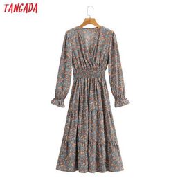 Tangada Fashion Women Floral Print Robe Arrival Long Sleeve Ladies V Neck Tunic Long Dress Vestidos 1F228 210609