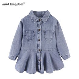 Mudkingdom Toddler Girls Dress Solid Ruffled Fashion Long Sleeve Lapel Children Denim Dresses Clothes Autumn 210615