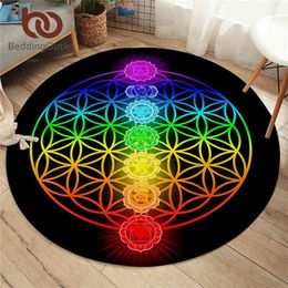 BeddingOutlet Chakra Round Carpets For Living Room Zen Theme Home Carpet Colorful Flower of Life Bedroom Floor Mat Home Decor 210917