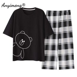 Fashion Cotton Pyjama Set Women Summer Short Sleeve 4xl 5xl Big Sleepwear Black Bear Printed Plaid Quarter Pants Women's Pyjamas 210622