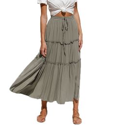 Pleated Skirt Women Summer Casual Lace-Up Elastic Waist Midi Woman Patchwork Ruffles High s Falda Plisada Mujer 210629