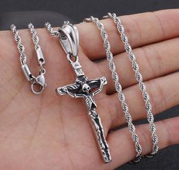 Punk Style Cool Vintage Cross Pendant Mens Women Stainless Steel Skeleton Halloween Skull Coffin Necklace Rope Chain 22 inch