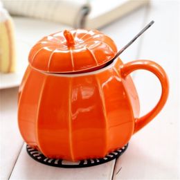 200-300ml Halloween Pumpkin Celadon Ceramic with Lid Handle Coffee Cup Milk Mug Cute Mugs Not Inverted Couples Gift Y201015