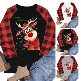 Winter Women Christmas Sweater Elk Print Sweatshirt Solid Contrast Long Sleeve Jumper Tops Christmas Clothes Y1110