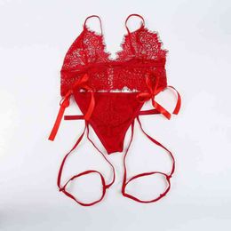 Red Perspective Lace Sexy Glamour Suit Sexy Women Underwire Erotic Lingerie Underwear 211203