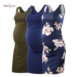 3 Pack Women's Maternity Dresses Floral Pregnancy Dress Sleeveless Side Ruched Print Vintage Casual Knee Length Dress X0902