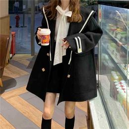 Spring Autumn Navy Lapel Woollen Coat Female Mid-Long Korean Style Women's Outerwear Faux Wool Coats 210525