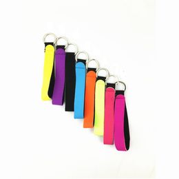 100pcs Party Favour Solid Colour Neoprene Wristlet Keychains Lanyard Strap Band Split Ring Key Chain Holder