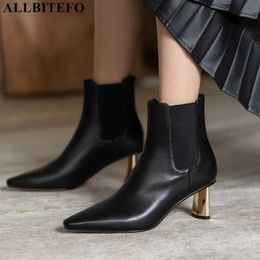 ALLBITEFO gold heels genuine leather brand high heels women boots autumn women high heel shoes thin heels ankle boots for women 210611