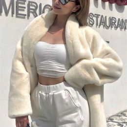 Lautaro Winter White Oversized Warm Faux Fur Jacket Women Shawl Collar Raglan Long Sleeve Fluffy Coat Korean Fashion Clothing 211124