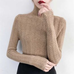 Mulher de roupa interior outono e camisola de inverno slim camisa de fundo longa manga apertada tricotada espessamento 211018