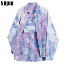 Women Fashion Tie Dye Women's Shirt With Sexy Camis Casual Loose Two-Piece Shirts Female Long Sleeve Blouse Chic Tops Shirt 210529