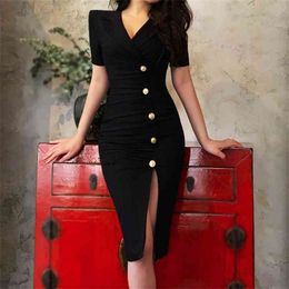 Office midi Dress for women Summer Short Sleeve Notched Neck cotton Sexy Ladies hubble bubble fold work Dresses 210602